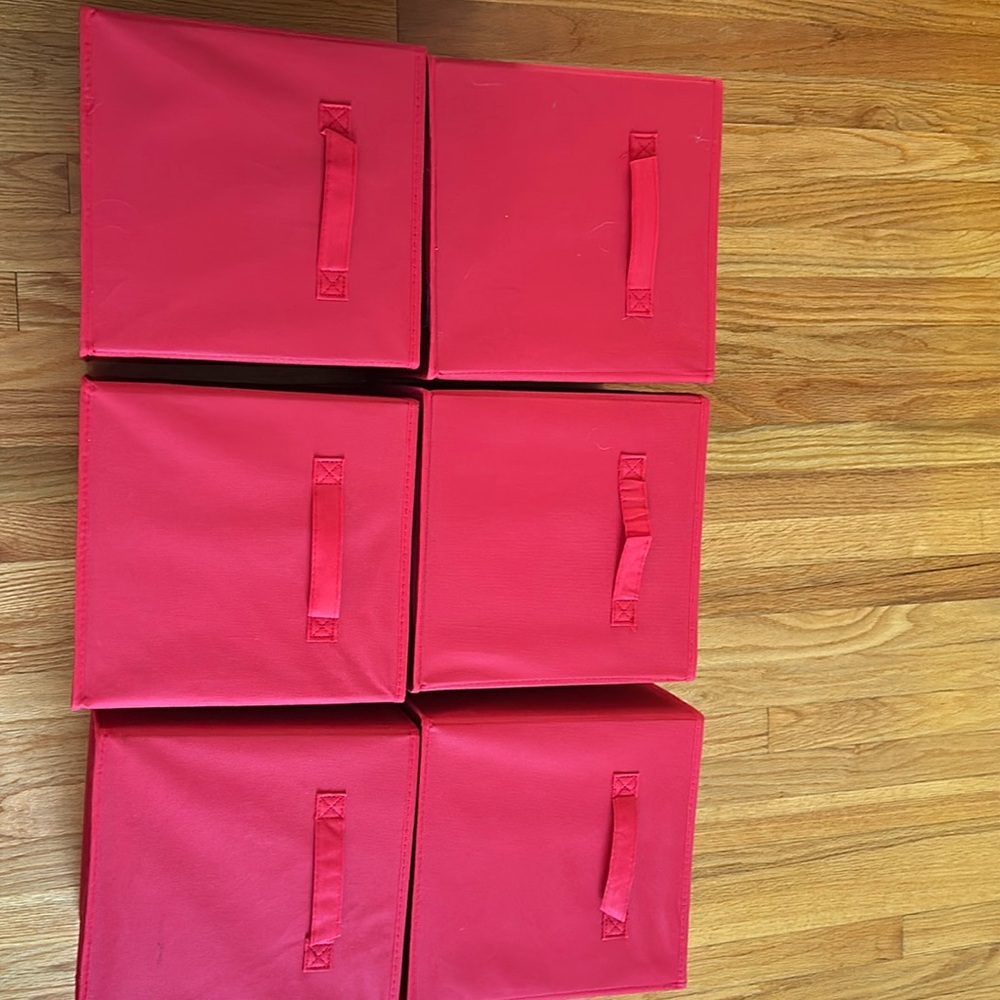 Six red collapsible fabric storage bins cube 10.5” X 10.5” X 11” EUC